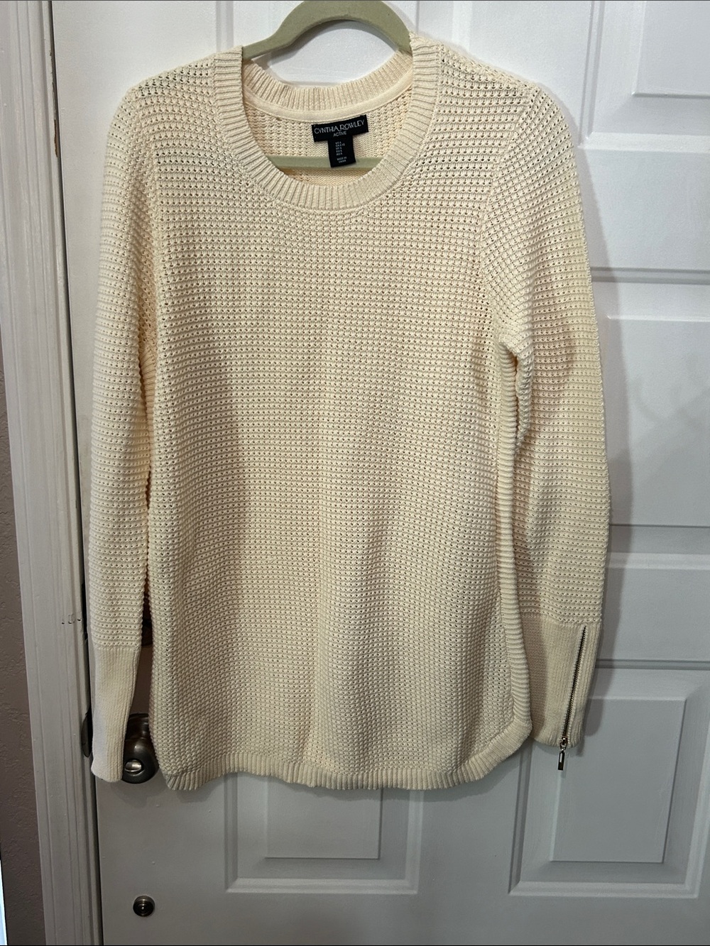 Cynthia Rowley Active Cream Textured Crewneck Sweater with Zip Cuffs